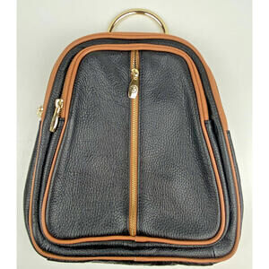 Valentina Genuine Leather Dome Sling Backpack Purse Italy Black Pebbled Tan Trim